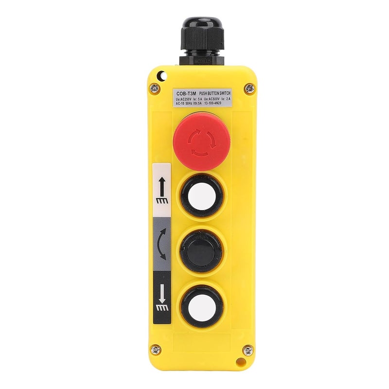 Fockety Hoist Crane Push Button Switch, 3 Keys Rainproof Crane Pendant Control Station UP Down Hoist Push Button Switch with M20 x 1.5 Water Proof Connector, Emergency Stop - Image 1